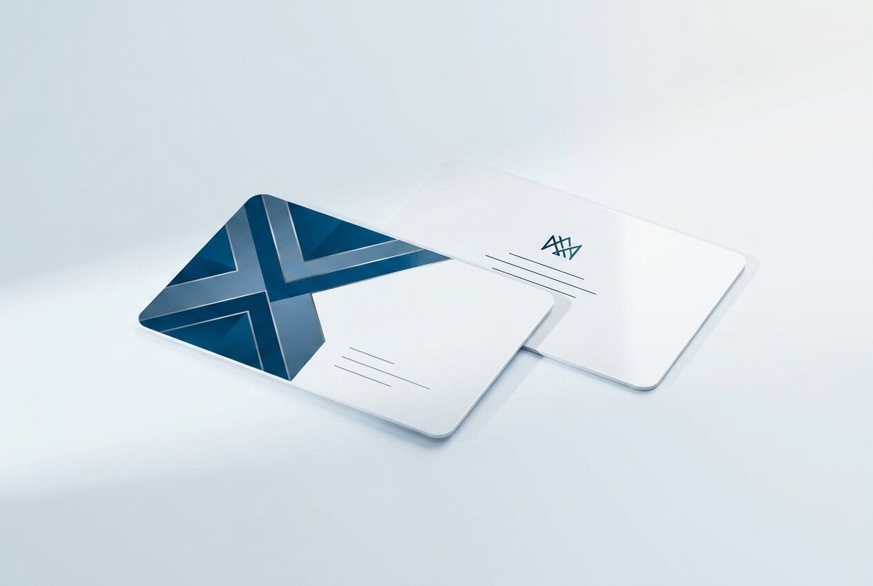 Due biglietti da visita in PVC bianco stampati a colori: uno con un motivo geometrico blu sul fronte, uno con logo e recapiti sul retro