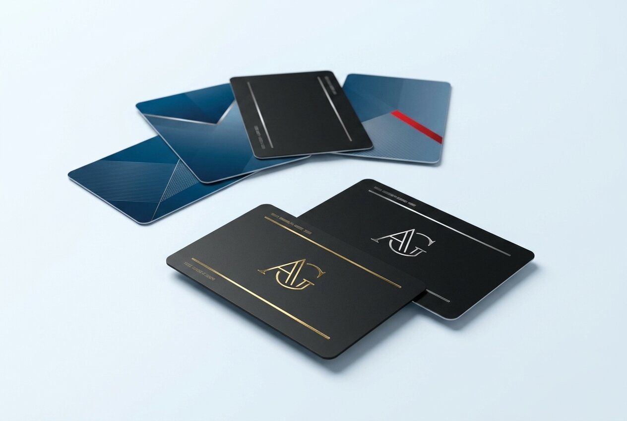 Due biglietti da visita in PVC nero a spessore pieno, uno con monogramma oro e uno con monogramma argento