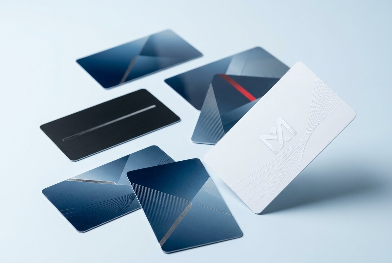 Biglietto da visita bianco opaco con monogramma e linee in vernice UV lucida a rilievo che riflettono la luce, davanti ad altri biglietti blu e neri