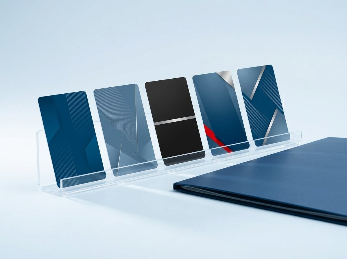 Cinque tessere in PVC blu e nere con grafiche geometriche in un espositore da scrivania, immagine illustrativa