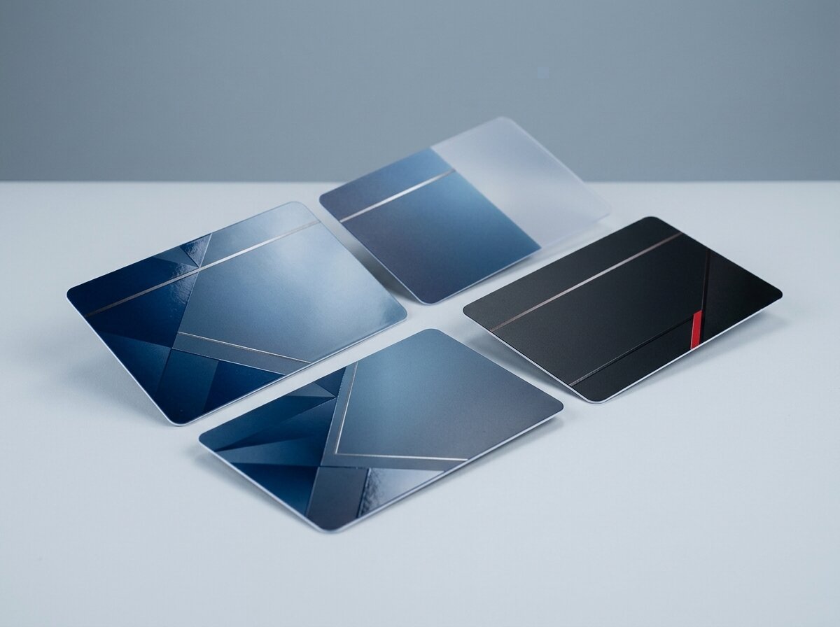 Quattro biglietti da visita in PVC con finiture diverse: lucido blu, satinato, trasparente e nero opaco, immagine illustrativa