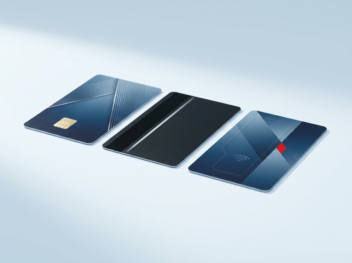 Tre tessere in PVC con chip a contatto, banda magnetica e antenna contactless, immagine illustrativa