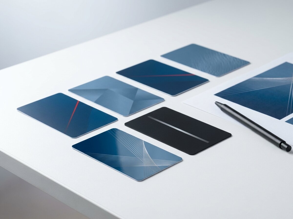 Tessere in PVC blu appoggiate su un piano bianco accanto a una penna e a un foglio di prova stampato