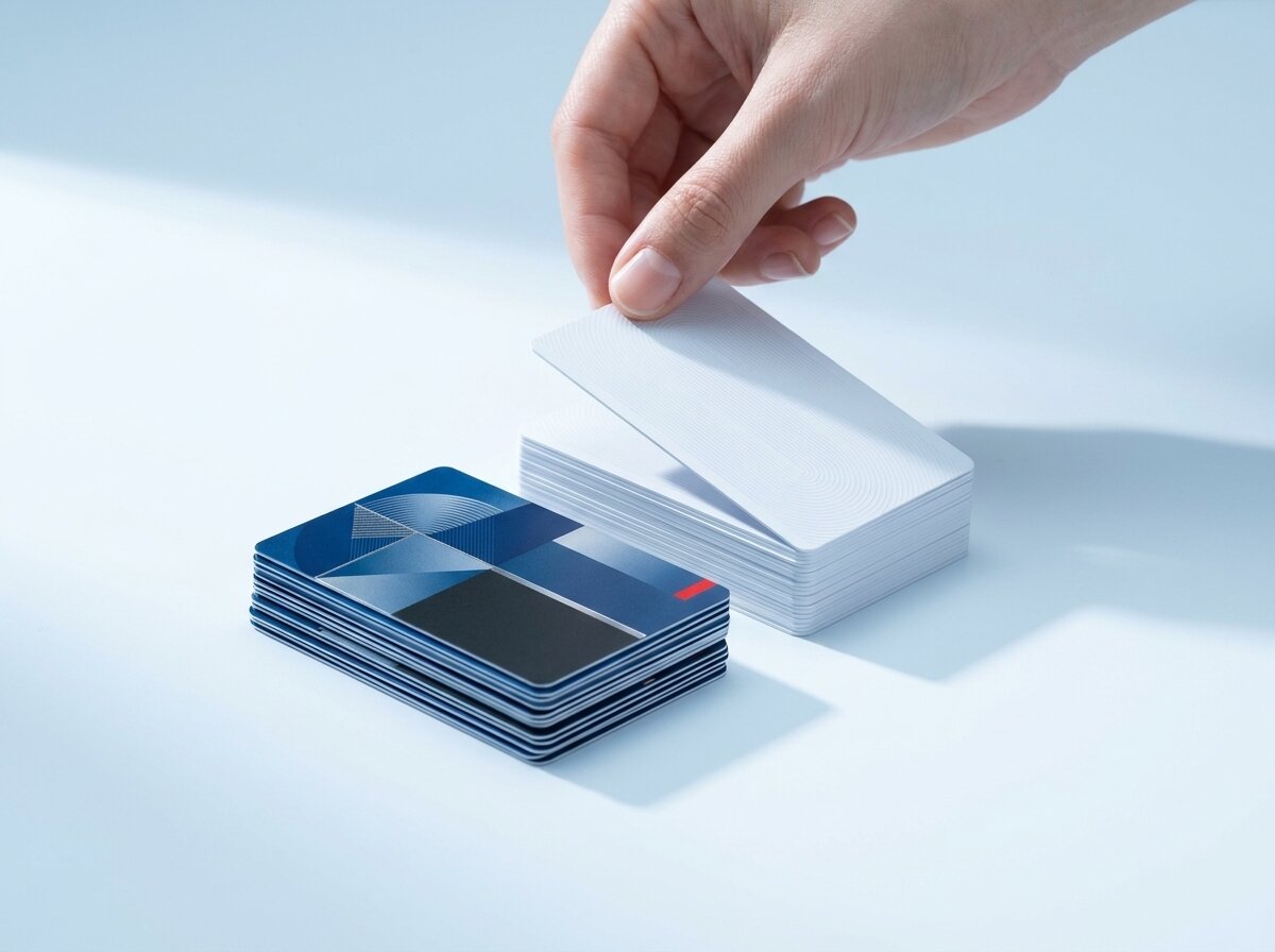 Mano che appoggia una tessera vergine su una pila di card bianche, accanto a una pila di tessere blu stampate, immagine illustrativa