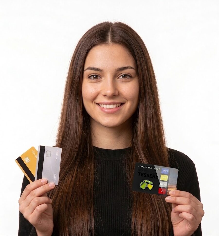 Ragazza sorridente che mostra tre tessere in PVC personalizzate: in una mano una gialla e una argentata con banda magnetica e chip, nell'altra una nera stampata con logo e pannello fotografico