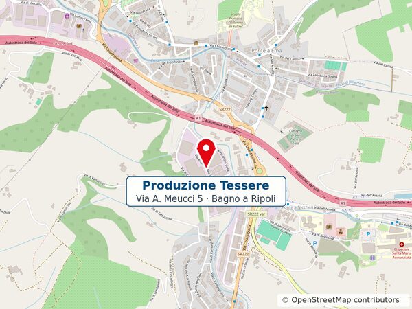 Mappa di Bagno a Ripoli con il segnaposto sulla sede di Produzione Tessere in Via A. Meucci, appena a sud dell'Autostrada del Sole e a ovest della Chiantigiana, vicino a Ponte a Ema